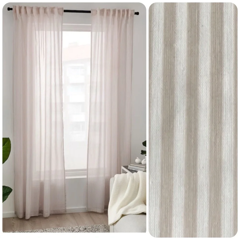 NWT pair of 2 panel curtains neutral color beige stripes LONG 47x98”